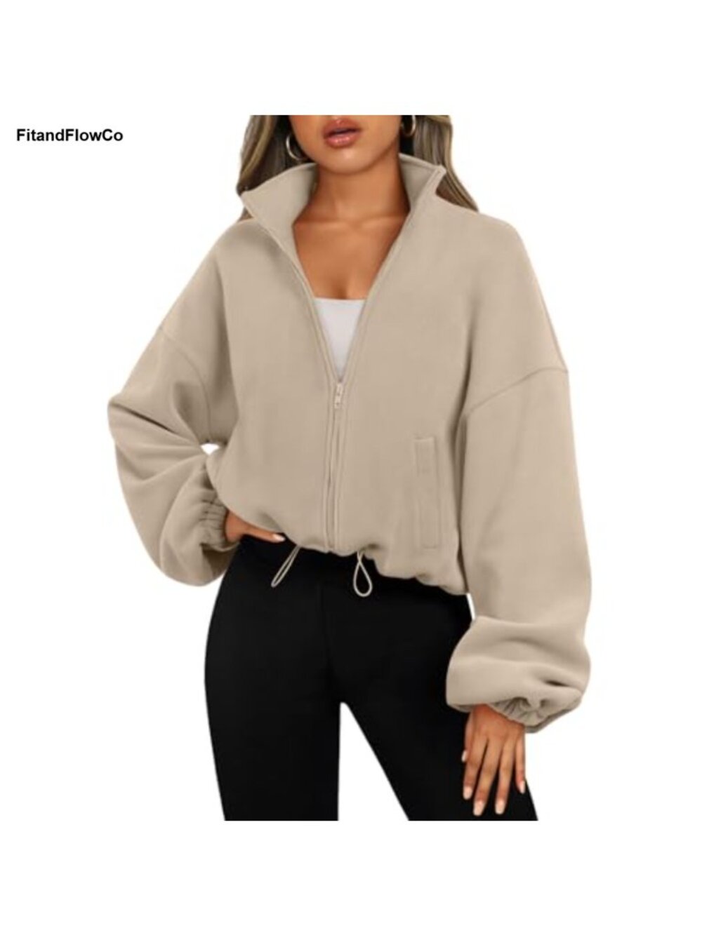 Oversized Cropped Fleece Jacket Full Zip Sweatshirt Y2K Casual